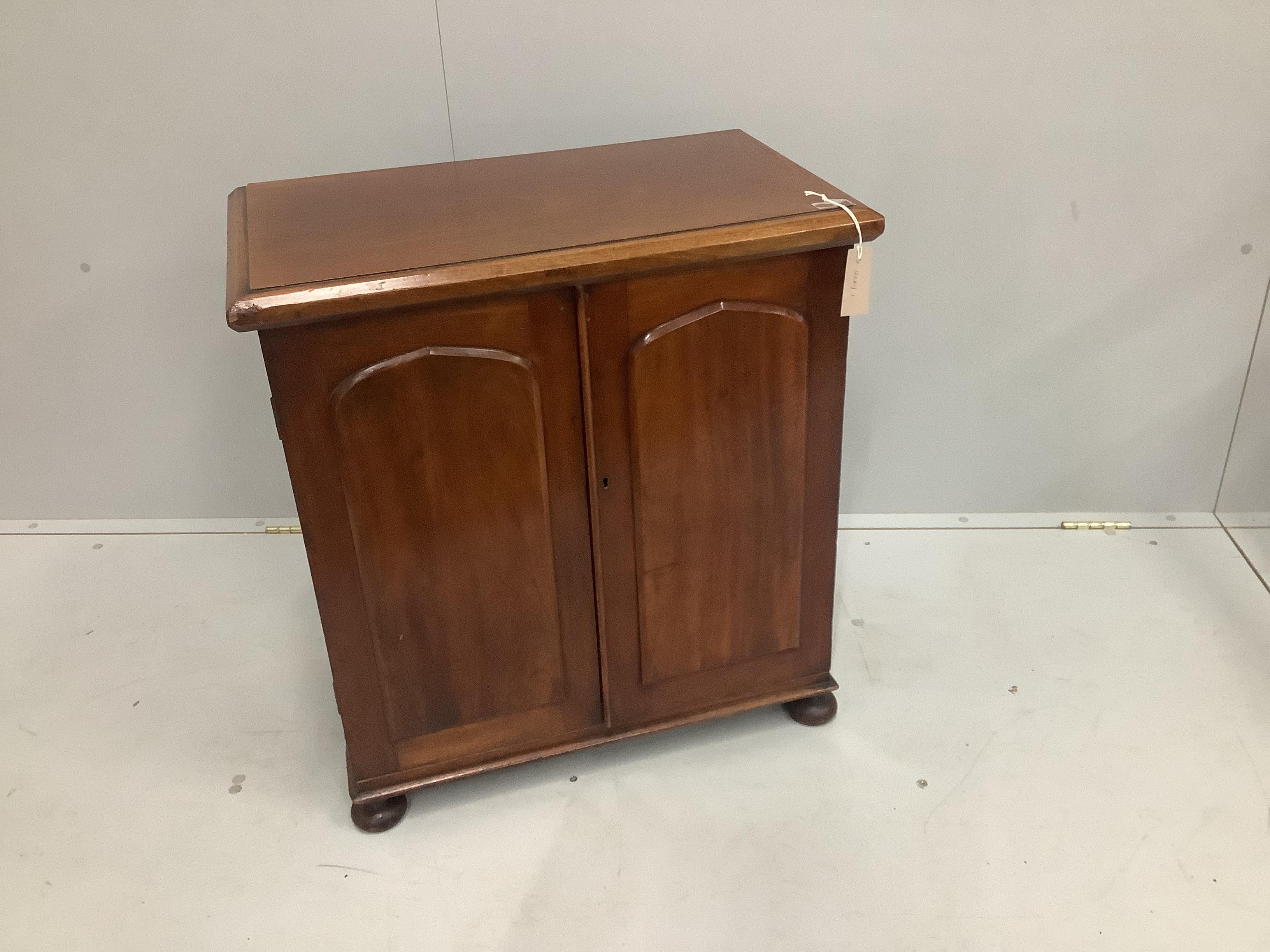 A Victorian mahogany collectors cabinet, now with three sliding internal drawers, (formerly with more), width 66cm, height 70cm